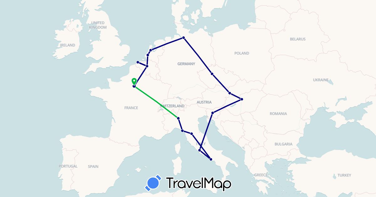 TravelMap itinerary: driving, bus in Belgium, Czech Republic, Germany, France, Hungary, Italy, Netherlands, Slovenia, Slovakia (Europe)